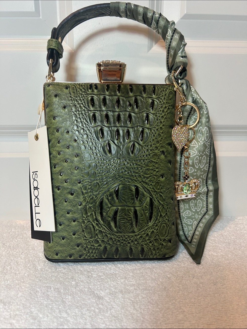 Isabelle Olive Green Croc-Embossed Box Clutch with Scarf Charm